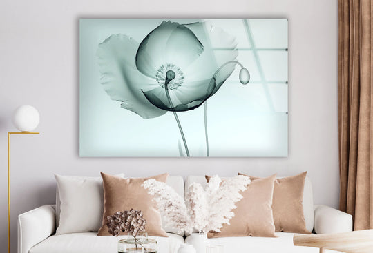 Horizontal rectangular unique modern wall decor features a delicate poppy flower art print on glass.