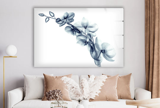 Showcasing the exceptional clarity of transparent floral glass artwork, this blue orchid wall art features captivating details typical of premium wall prints.