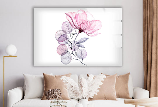 Color's gentle gradient defines this blush botanical glass print, a modern home decor piece with a pink flower design transitioning to sheer, elegant leaves.
