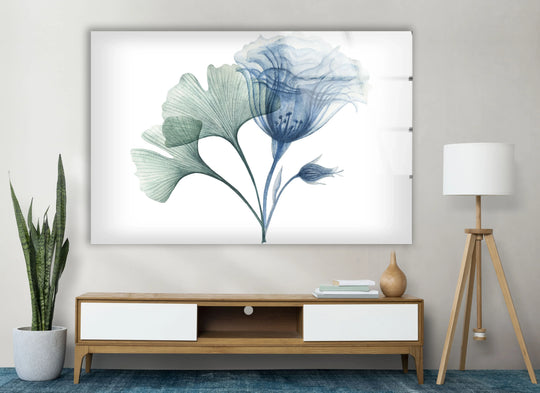 Transitioning from muted green to deep blue, this elegant floral glass print showcases the subtle beauty of botanical wall prints.