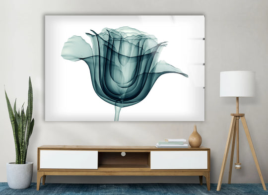 Realistic details show the transparent rose wall art as a high-definition glass print, perfect as home decoration in any modern floral display.