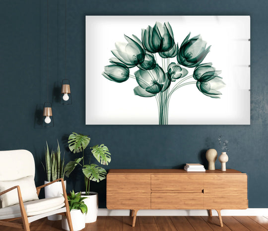 With subdued color saturation, the transparent floral glass print of tulip bloom wall art showcases a delicate aesthetic using innovative glass printing techniques.
