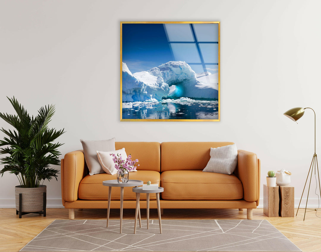 Refreshing Arctic-inspired decor with a floating iceberg and a vibrant blue sky.
