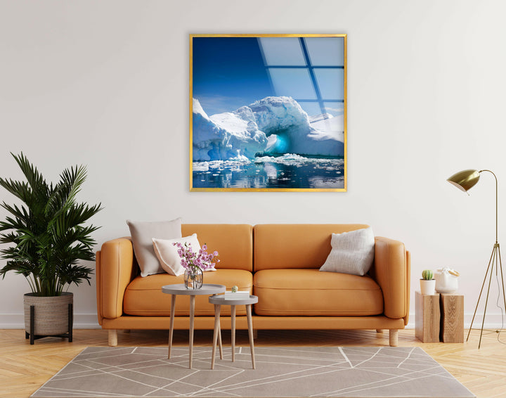 Refreshing Arctic-inspired decor with a floating iceberg and a vibrant blue sky.
