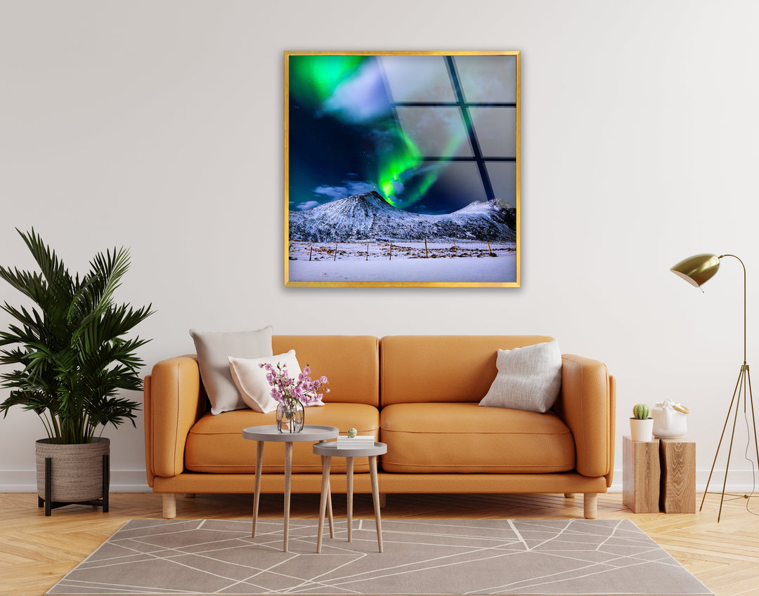 Scenic winter night with glowing Northern Lights and icy mountain peaks on tempered glass.
prints