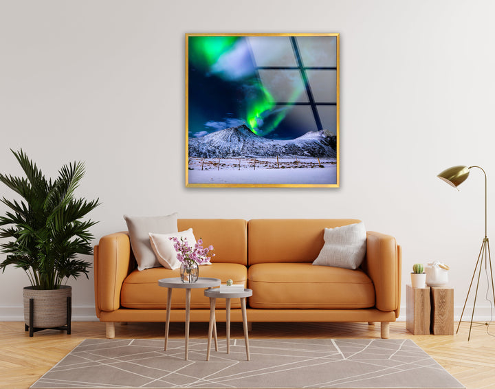 Scenic winter night with glowing Northern Lights and icy mountain peaks on tempered glass.
prints