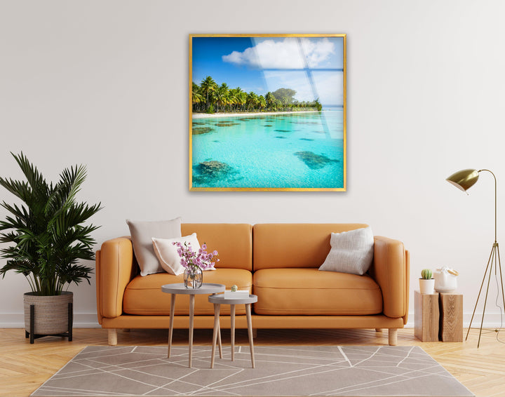 Elegant coastal decor highlighting a peaceful island surrounded by turquoise waters.
