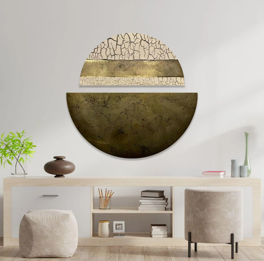 2 Piece Circle abstract beige cracked glass wall art with gold and marble design and abstract cracked glass art and wall decor on a white wall