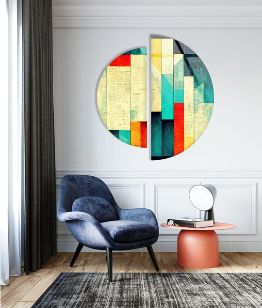 2 Pices Circle abstract beige glass wall art features a colorful modern design and abstract patterns and geometric design to brighten the home on a white wall