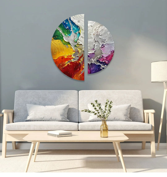 2 Pices Circle with abstract cracked paint and glass wall art in rainbow colors and bold design makes a vibrant artistic focal point