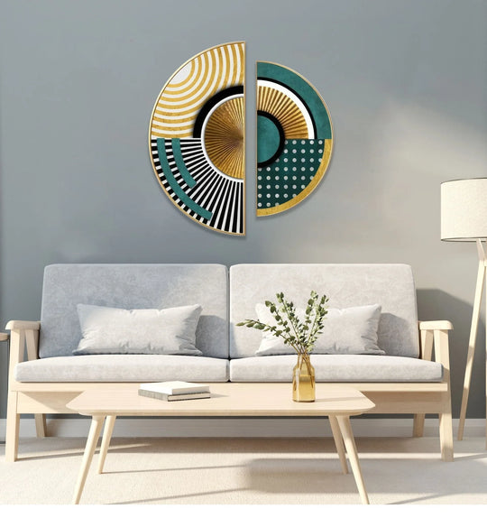 2 Pices Circle features abstract green and gold and durable glass wall art plus modern geometric design