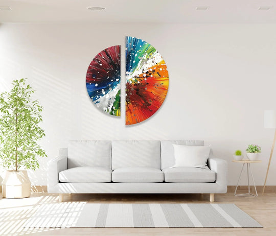 2 Pieces Circle colorful abstract wall art with glass material and Paint Bomb design for explosive glass art and modern wall decor on a white wall