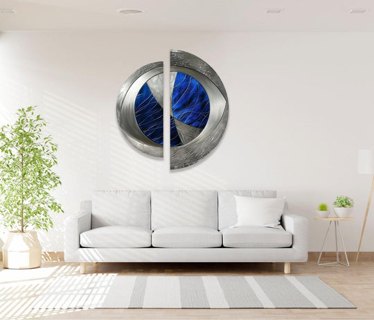 2 Pices Circle Abstract Silver Blue Glass Wall Art silver and blue tones and modern artwork plus sophisticated decor