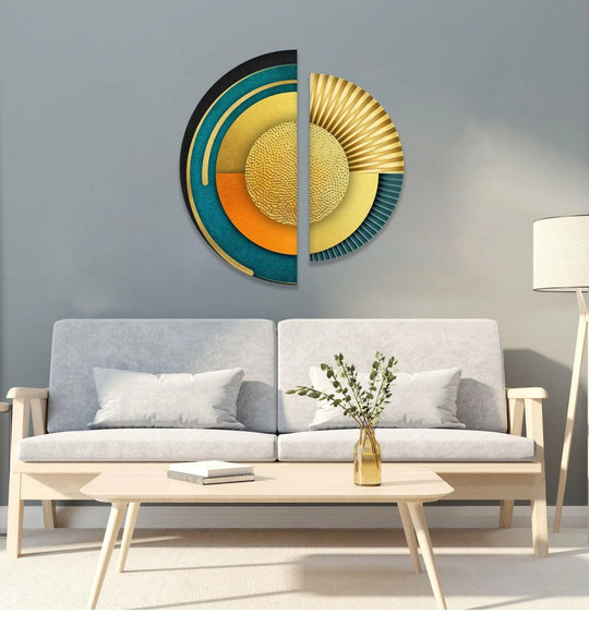 2 Pieces Circle art with abstract yellow and orange motif is modern glass wall art featuring vibrant circular decor and bold colors
