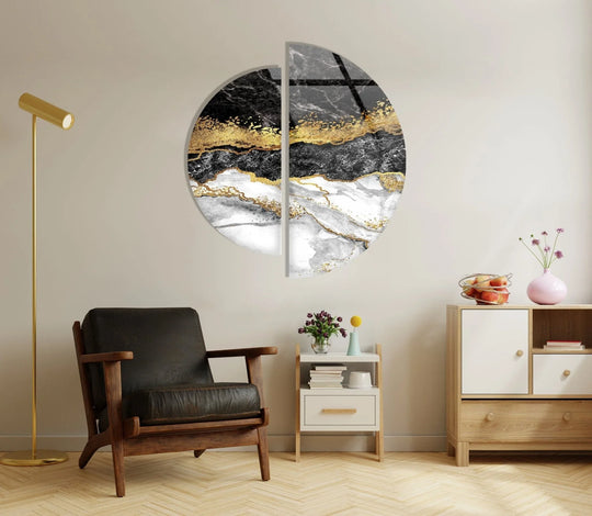 2 Piece Circle black and gold marble glass wall art abstract decor and elegant marble wall art