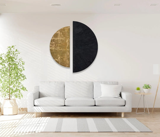 2 Pices Circle black beige abstract art and tempered glass wall art brings modern glass decor and bold touch for sophisticated room design