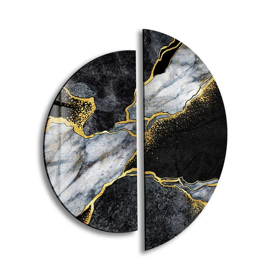 2 Pieces Circle with black and gold marble and golden accents is a black and gold marble wall art decor and luxurious piece artwork