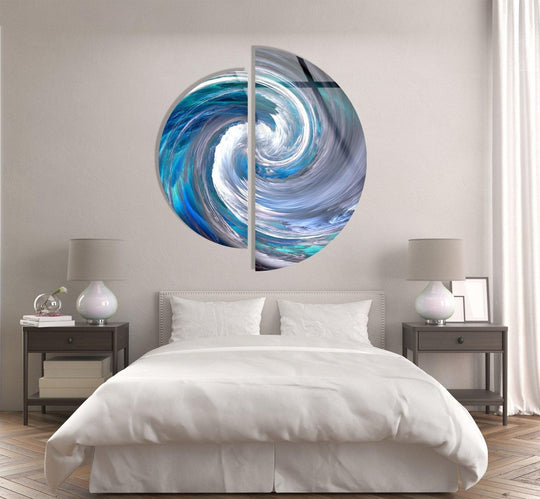 2 Piece Circle blue and white abstract glass wall art with modern swirl design and blue abstract keyword theme