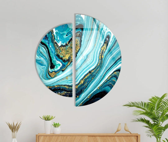 2 Pices Circle with blue alcohol ink and gold abstract is glass wall art and decor plus elegant wall art and custom options