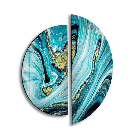 2 Pieces Circle blue and gold abstract glass wall art and alcohol ink decor with luxe two piece style