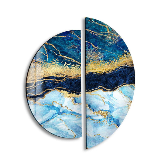2 Pieces Circle blue and gold abstract glass wall art featuring a circular design and luxe decor with abstract wall art options