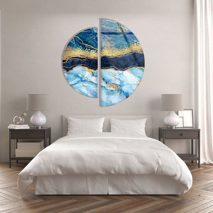 2 Piece Blue and Gold Abstract Glass Wall Art custom glass pictures, glass art prints

