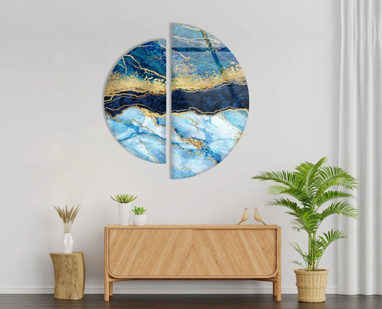 Two piece circle glass wall art blue and gold abstract art with elegant decor and luxury wall art options