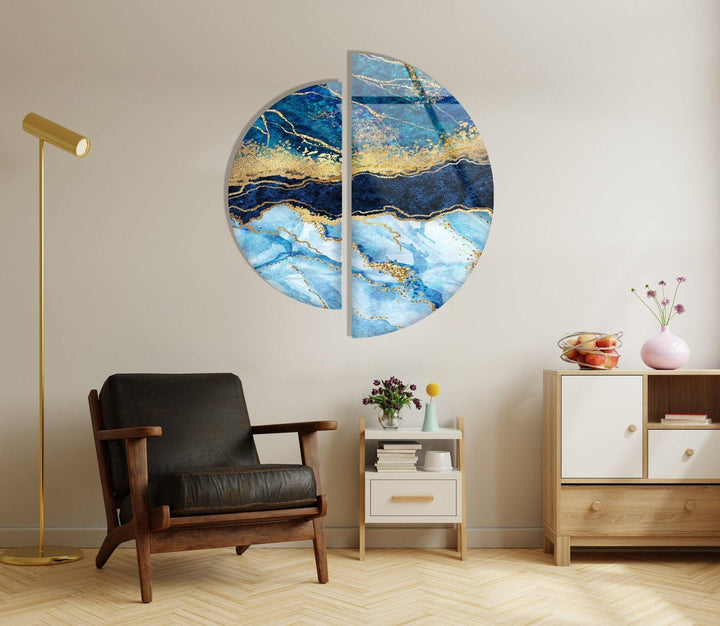 2 Piece Blue and Gold Abstract Glass Wall Art glass image printing, glass prints from photos
