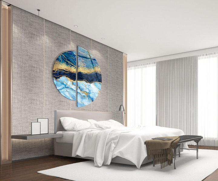 2 Piece Blue and Gold Abstract Glass Wall Art glass pictures for Wall, glass prints wall art
