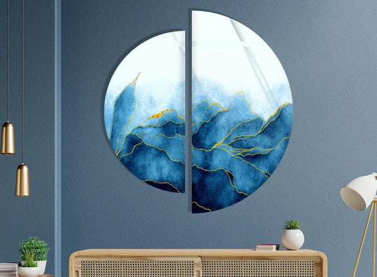 2 Pices Circle blue floral glass wall art featuring golden accents and vibrant colors plus two piece artwork and elegant decor