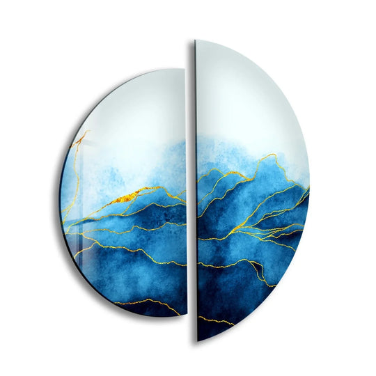 2 Piece Circle glass wall art blue floral motif with golden accents and vibrant design is elegant home decor and floral glass wall art