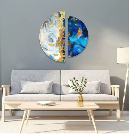 2 Piece Circle blue golden abstract glass wall art with luxurious details and gold accents and home decor plus a splash of luxury to your home