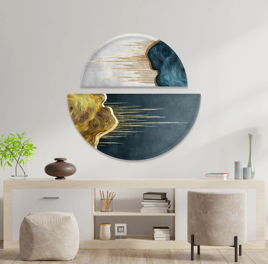 2 Piece Circle with blue and white marble motif and golden accents is glass wall art plus abstract art prints bringing modern glass decor