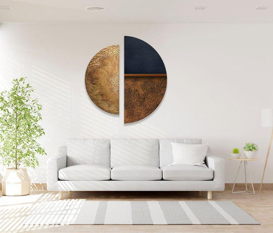 2 Pieces Circle desert motif and brown tones plus glass wall art with modern rustic decor style and earthy textures on a white wall
