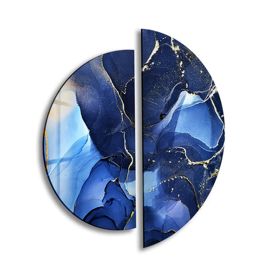 2 Pieces Circle glass wall art dark blue marble design and gold accent on tempered glass is elegant 2 Piece decor