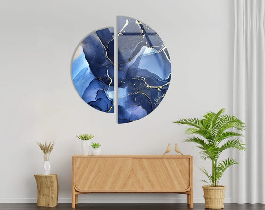 2 Pieces Circle featuring dark blue marble and gold accents is glass wall art and circular wall decor and elegant decor on a white wall