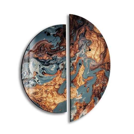 2 Pices Circle featuring a copper abstract design is glossy glass wall art plus marbled accents and gold elements