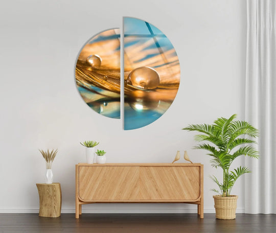 2 Piece Circle feather design glass wall art shows gold and blue hues and feather art and two piece decor