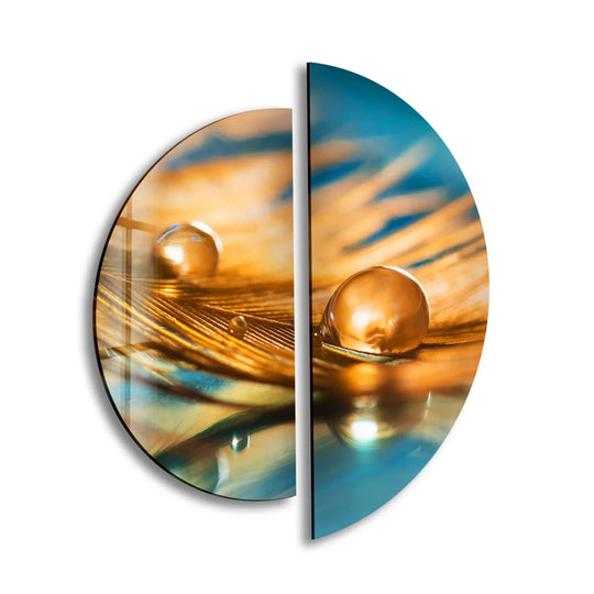 2 Piece Circle with feather design and glass material and circular style modern 2 Piece wall art enhances a space in blue and gold hues