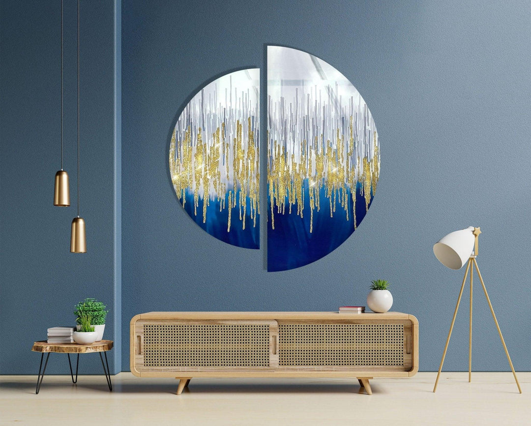 2 Piece Gold & Blue Abstract Glass Wall Art glass pictures for Wall, glass prints wall art
