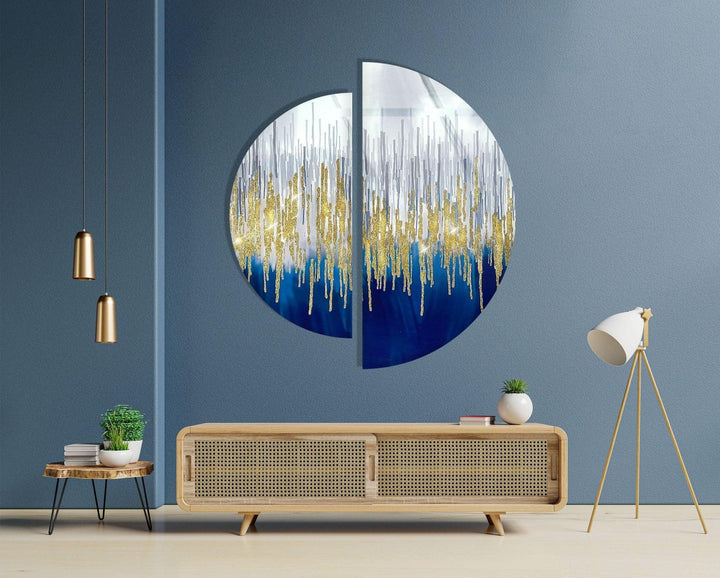 2 Piece Gold & Blue Abstract Glass Wall Art glass pictures for Wall, glass prints wall art
