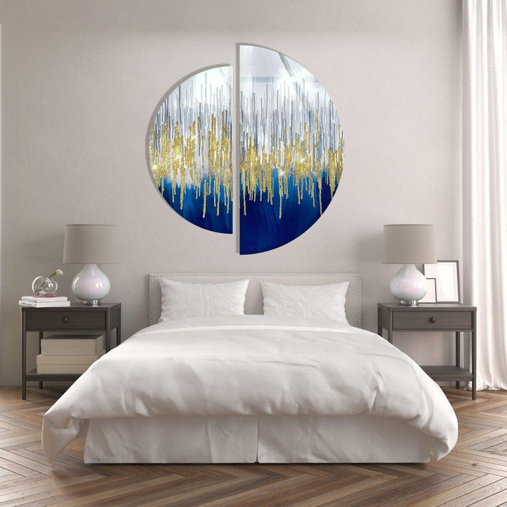 2 Piece Gold & Blue Abstract Glass Wall Art picture on glass wall art, photos printed on glass
