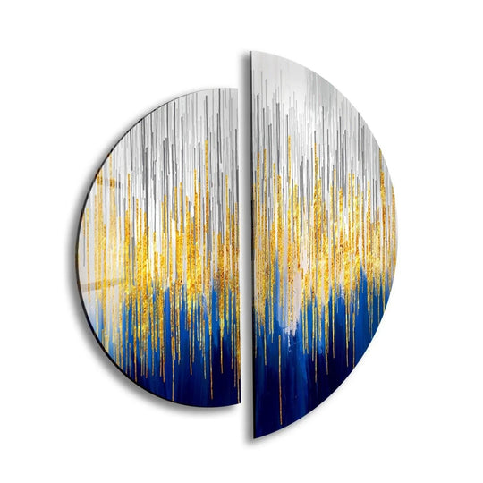 2 Pices Circle abstract glass wall art gold and blue dripping design with circle wall art and abstract wall decor