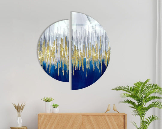 2 Piece Circle with gold and blue abstract motif is luxury glass wall art and gold cascading details in a vibrant hue