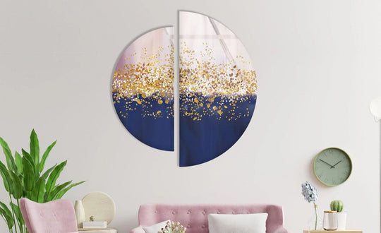 2 Piece Circle golden abstract glass wall art navy blush hues and golden abstract decor with circular wall art