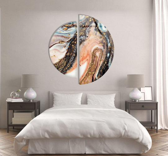 2 Piece Circle golden fractal glass wall art gold and blush hues and abstract fractal glass decor