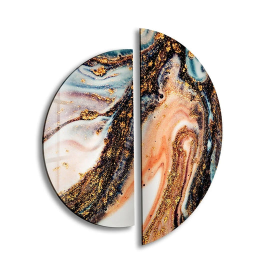 2 Pices Circle golden fractal glass wall art with gold and blush hues and abstract style and modern decor