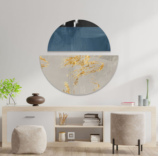 2 Piece Circle golden marble finish glass wall art and large abstract wall decor plus modern glass decor and sophisticated piece for wall on a white wall