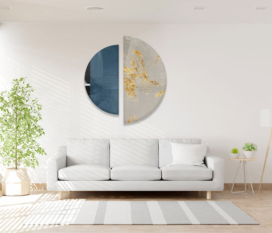 2 Pieces Circle golden marble glass wall art with abstract design is glass wall art and modern decor plus sophistication on a white wall