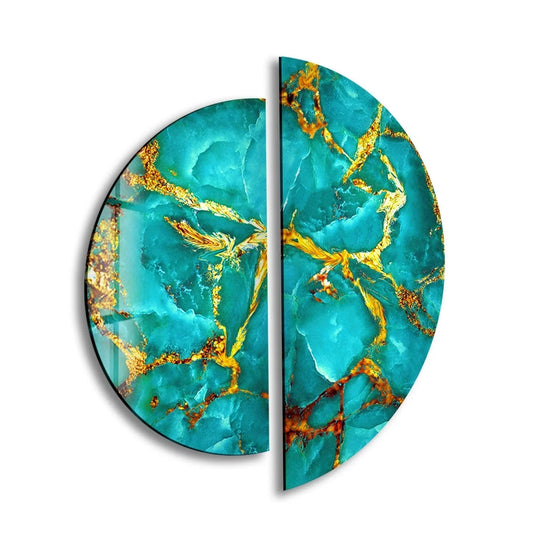 2 Pices Circle green and gold marble glass wall art shows marble and gold finish and elegant vibrant decor plus luxurious wall art